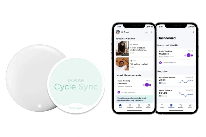 The cycle sync cartridge for Withings U Scan, and test results on a mobile app.