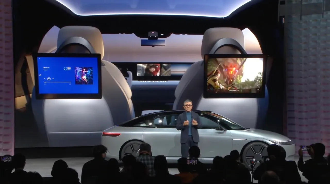 A person discussing interiors of the Sony and Honda-made Afeela car concept.
