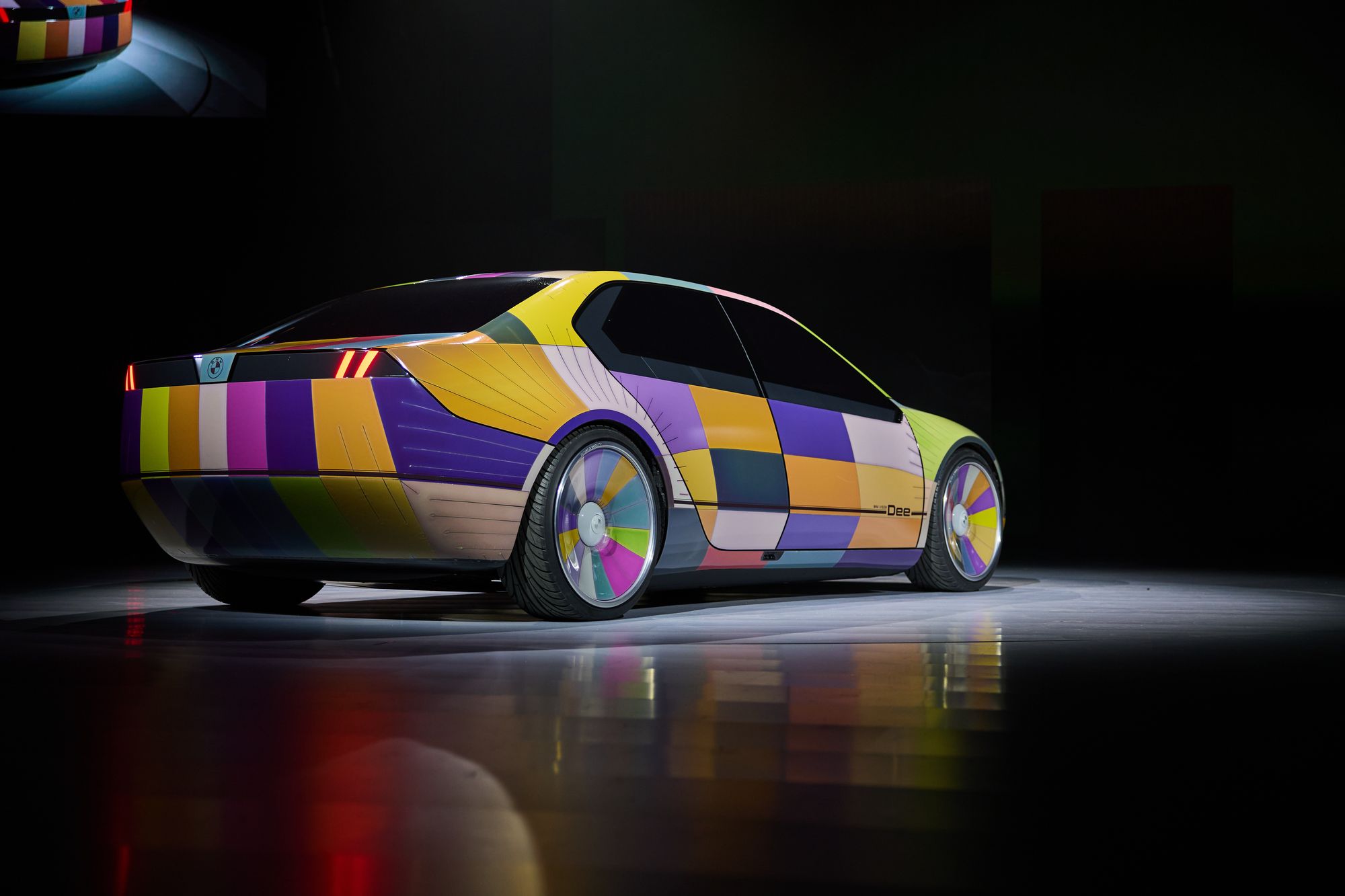 The rear section of the BMW i Vision Dee color-changing car. 