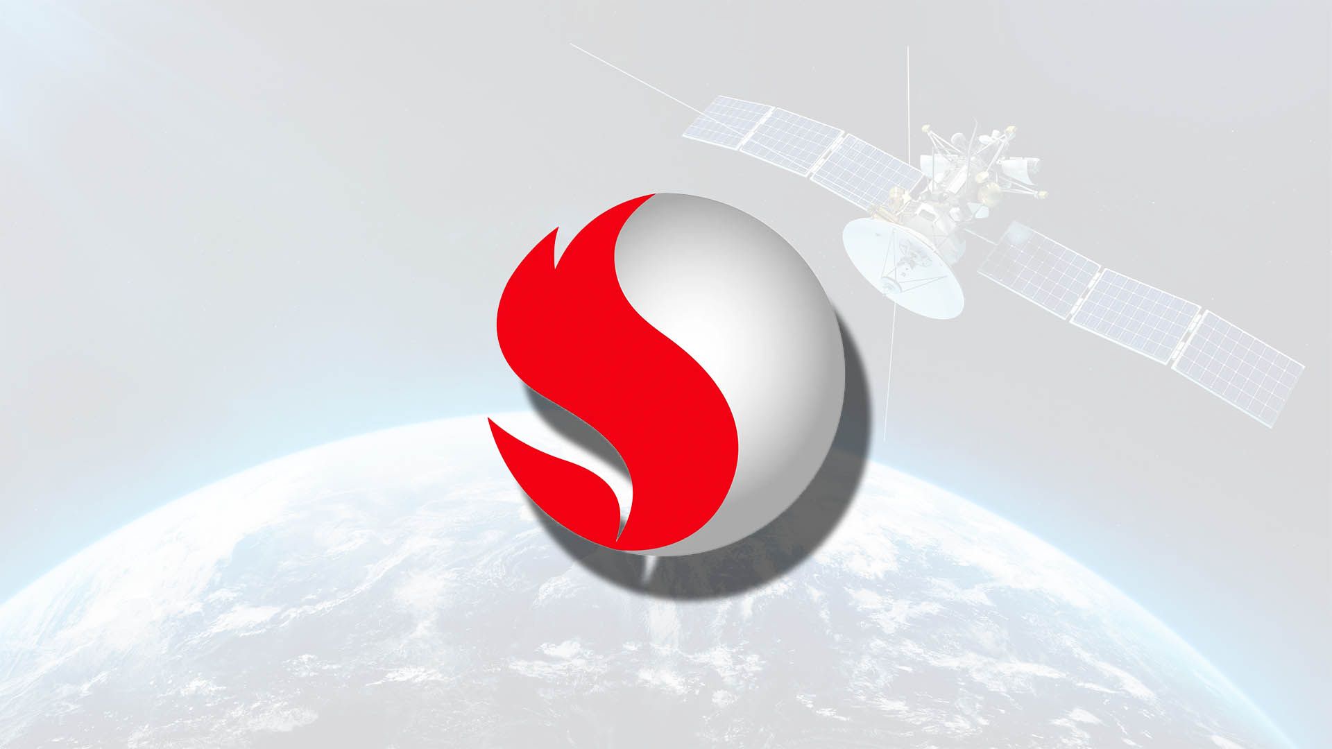 Qualcomm's logo over the picture of a satellite floating above Earth. 