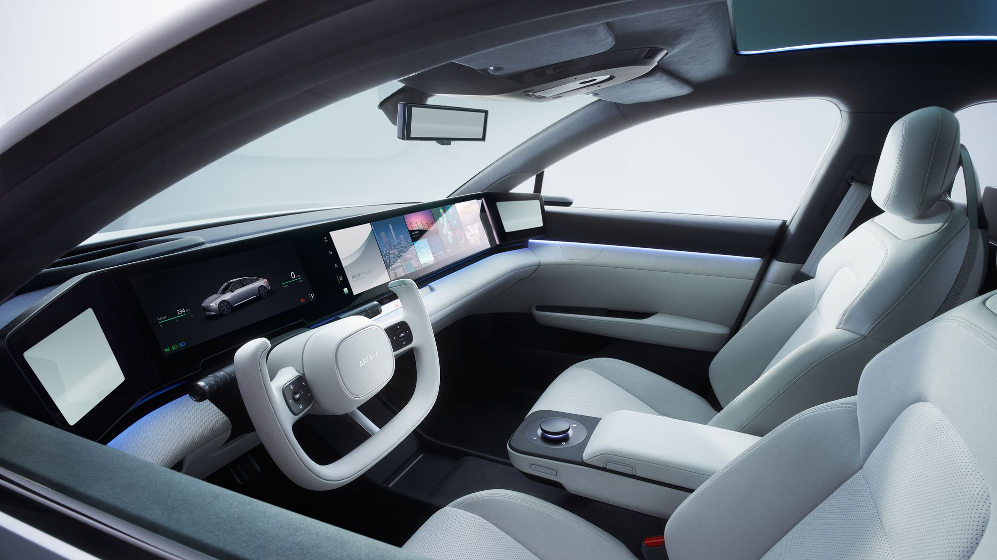 The cabin space of Afeela, the concept car developed by Sony and Honda.