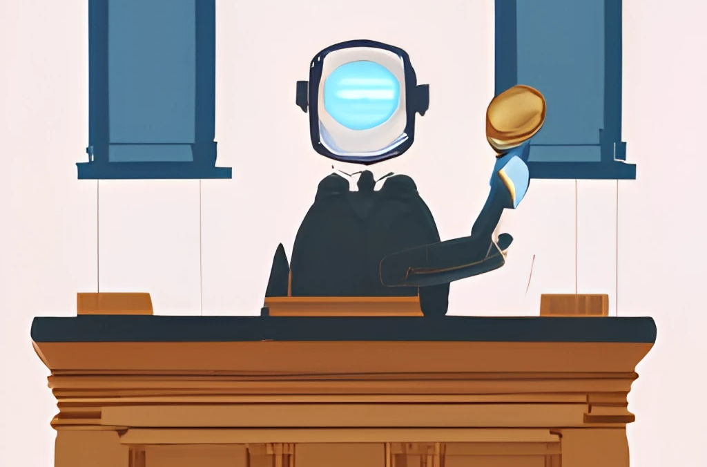 Create an illustration of a robot judge presiding over a courtroom. The robot judge should be a sleek, modern design with an air of authority, sitting on a raised platform, wearing a judicial robe and holding a gavel. It should have a screen as its face, displaying an impartial expression. Surrounding the judge should be a well-organized courtroom scene including lawyers, plaintiffs, and defendants awaiting their trials. Make sure to convey an atmosphere of fairness and technological efficiency within this futuristic justice system.