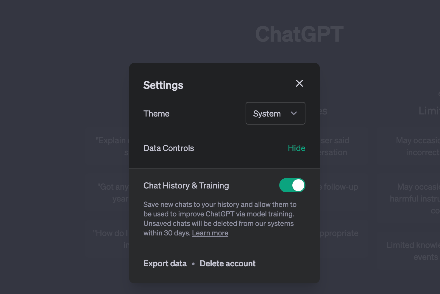 The option to disable chat history for ChatGPT
