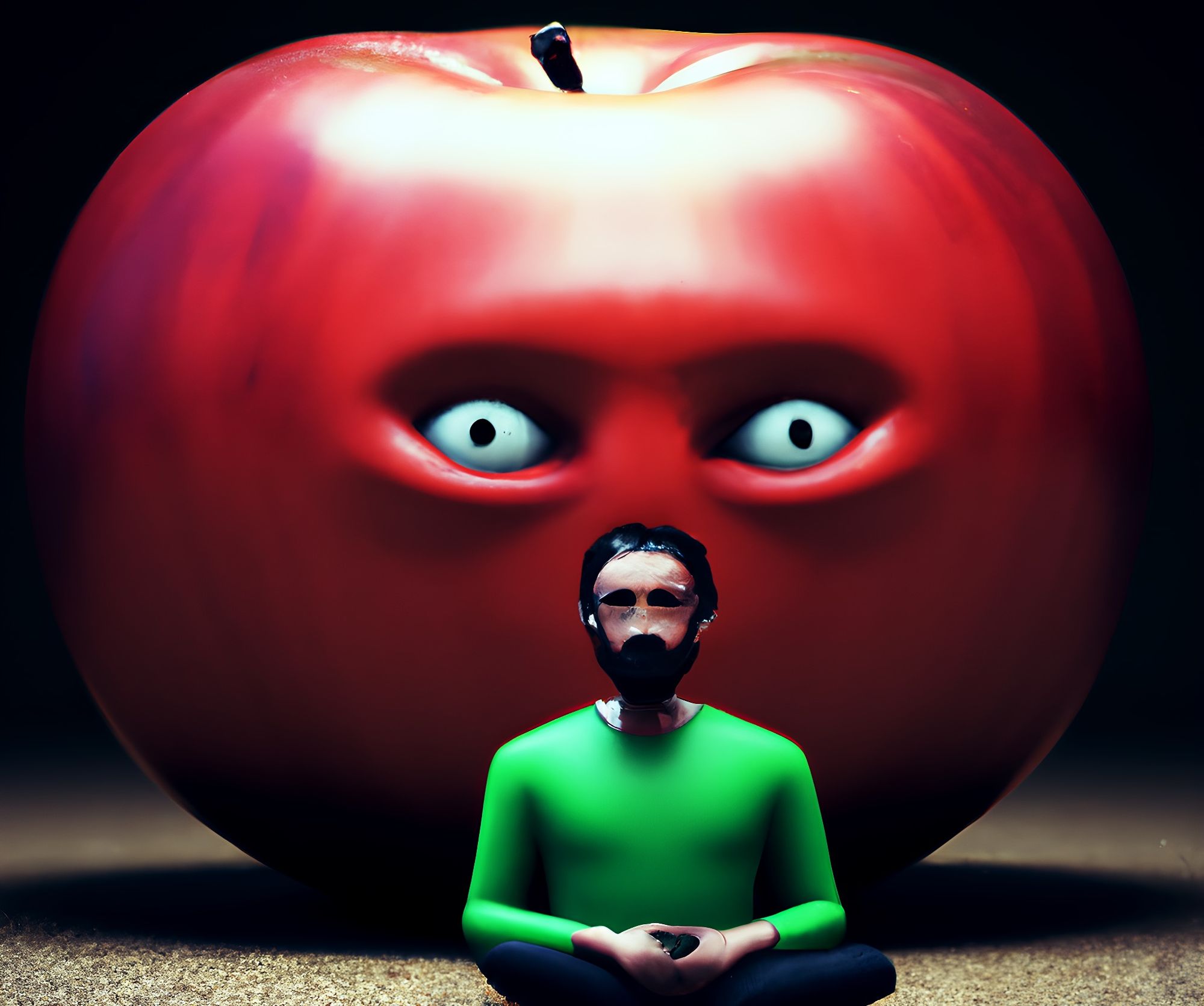 An apple creepily looking at a person