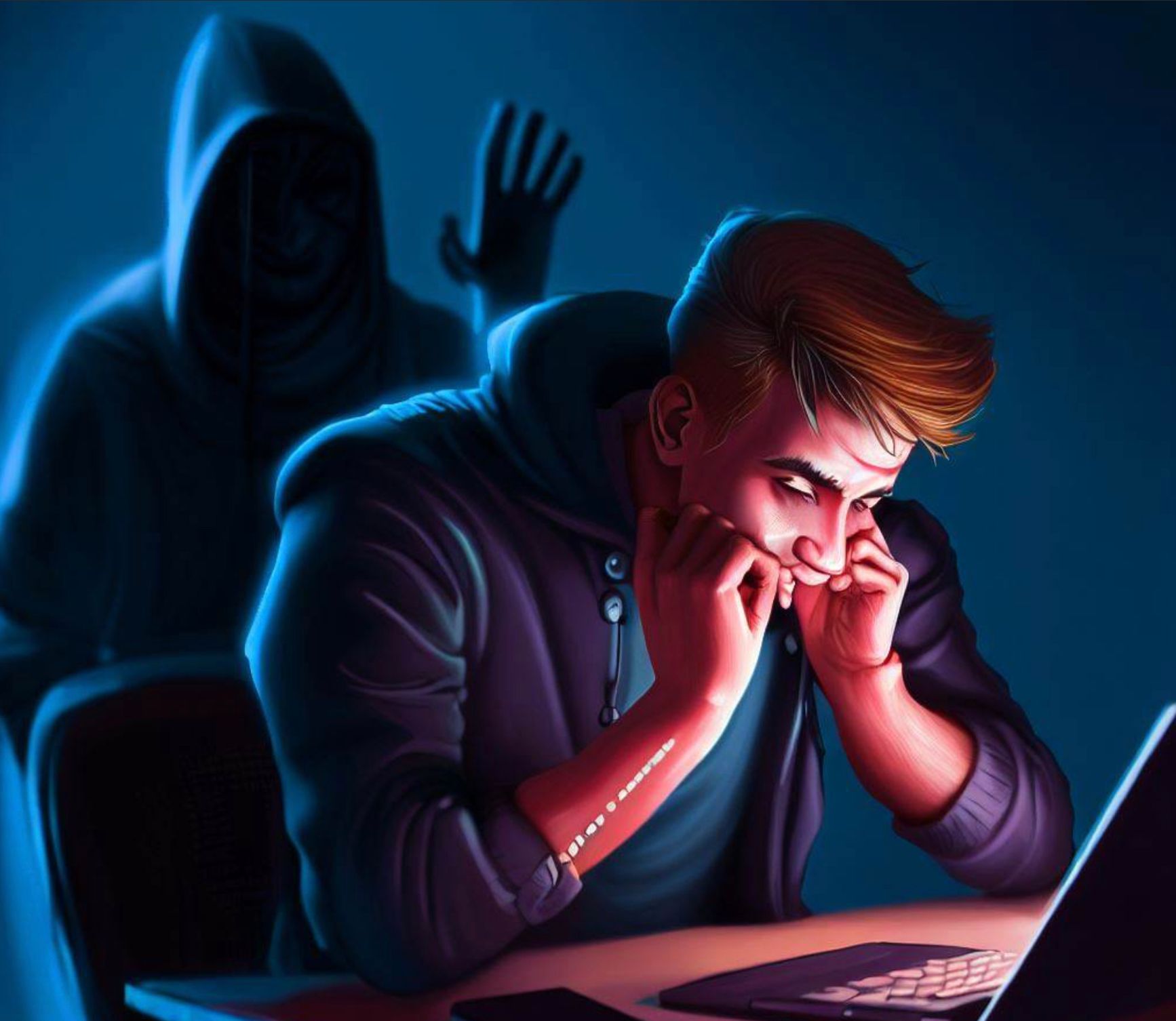 A cybercriminal lurking behind a person staring at a computer