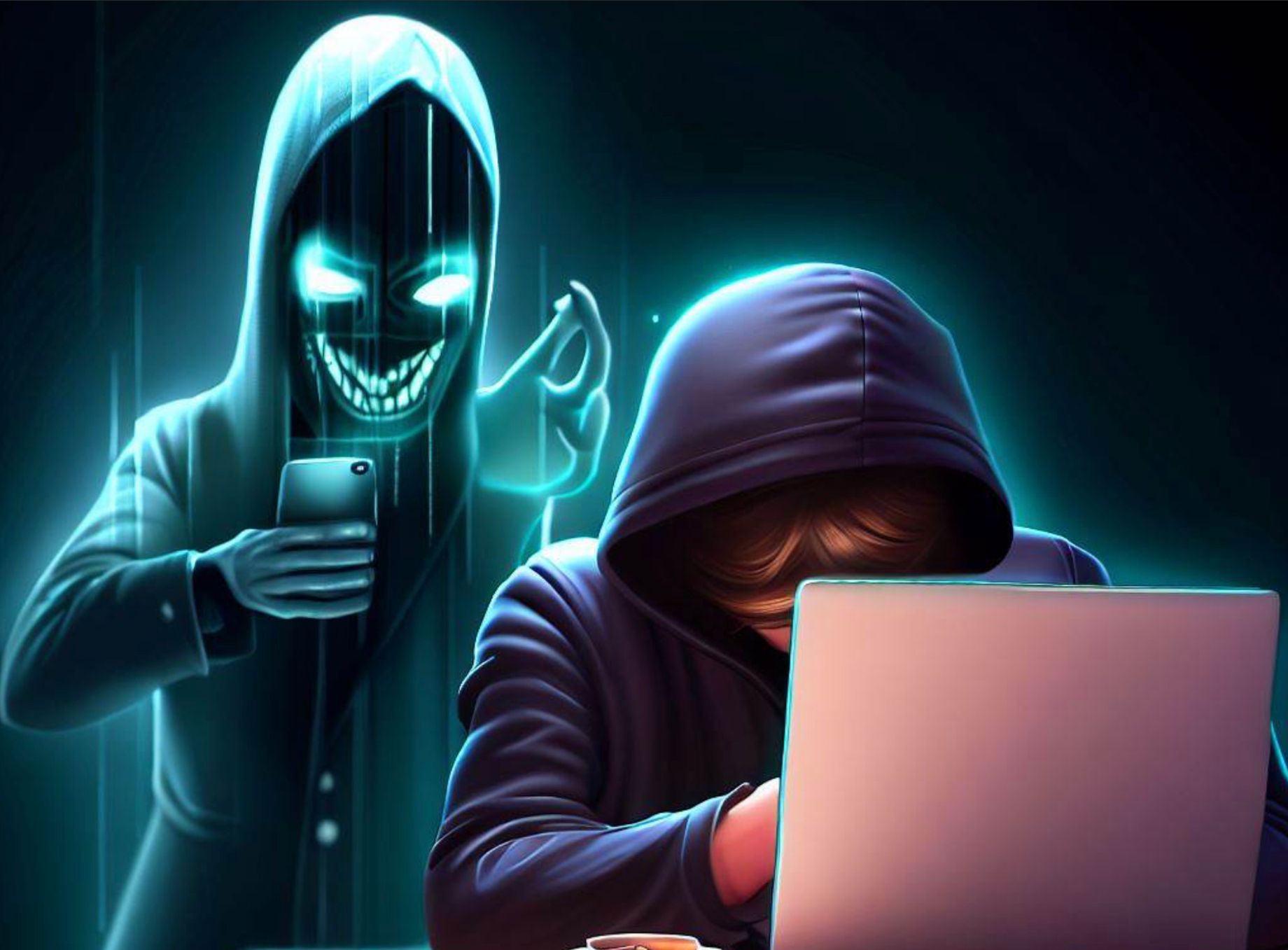 A cybercriminal apparition waiting to attack a computer user.