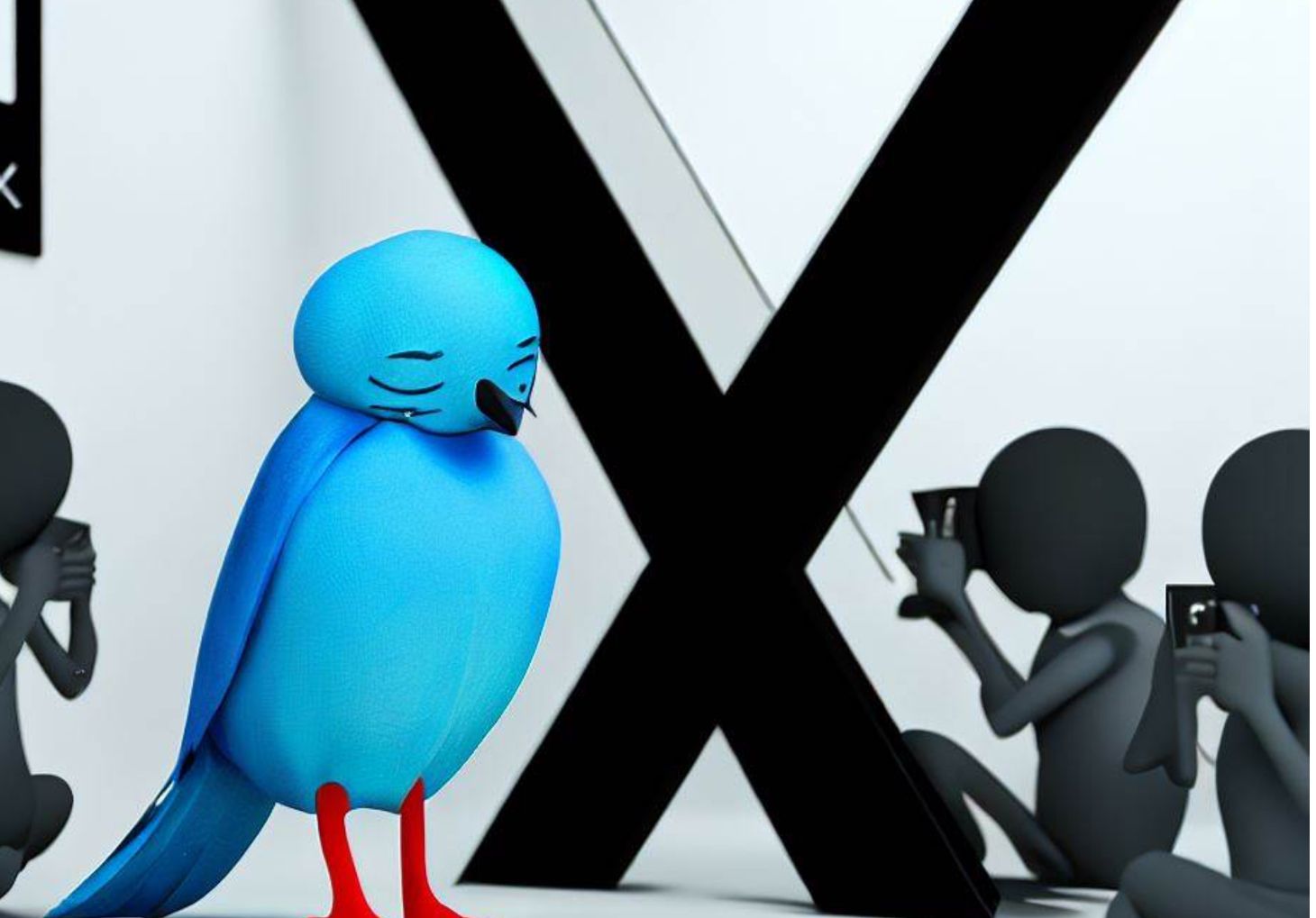Users clicking photos of a large X while a bird looks sadly 