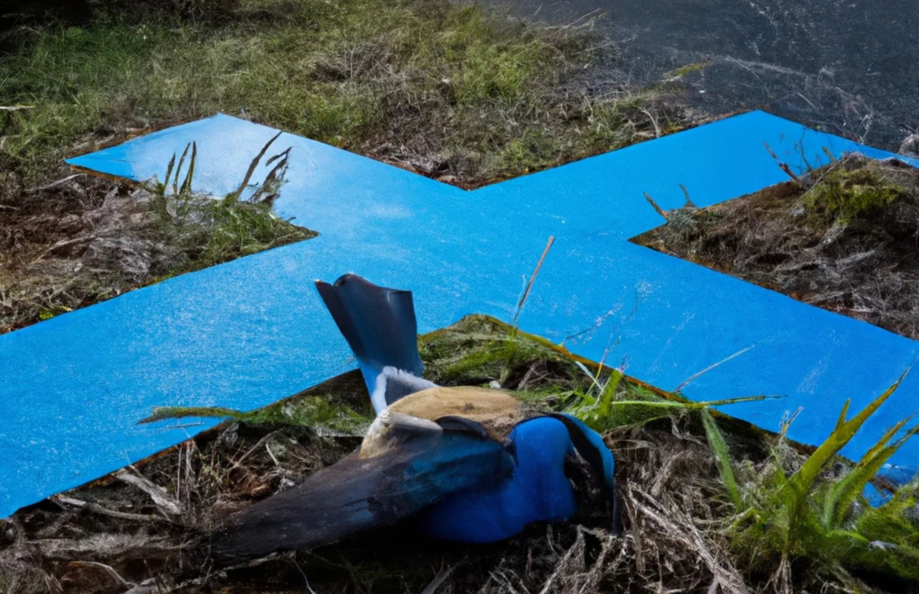 A blue bird lying dead just underneath a blue cross on the grass 