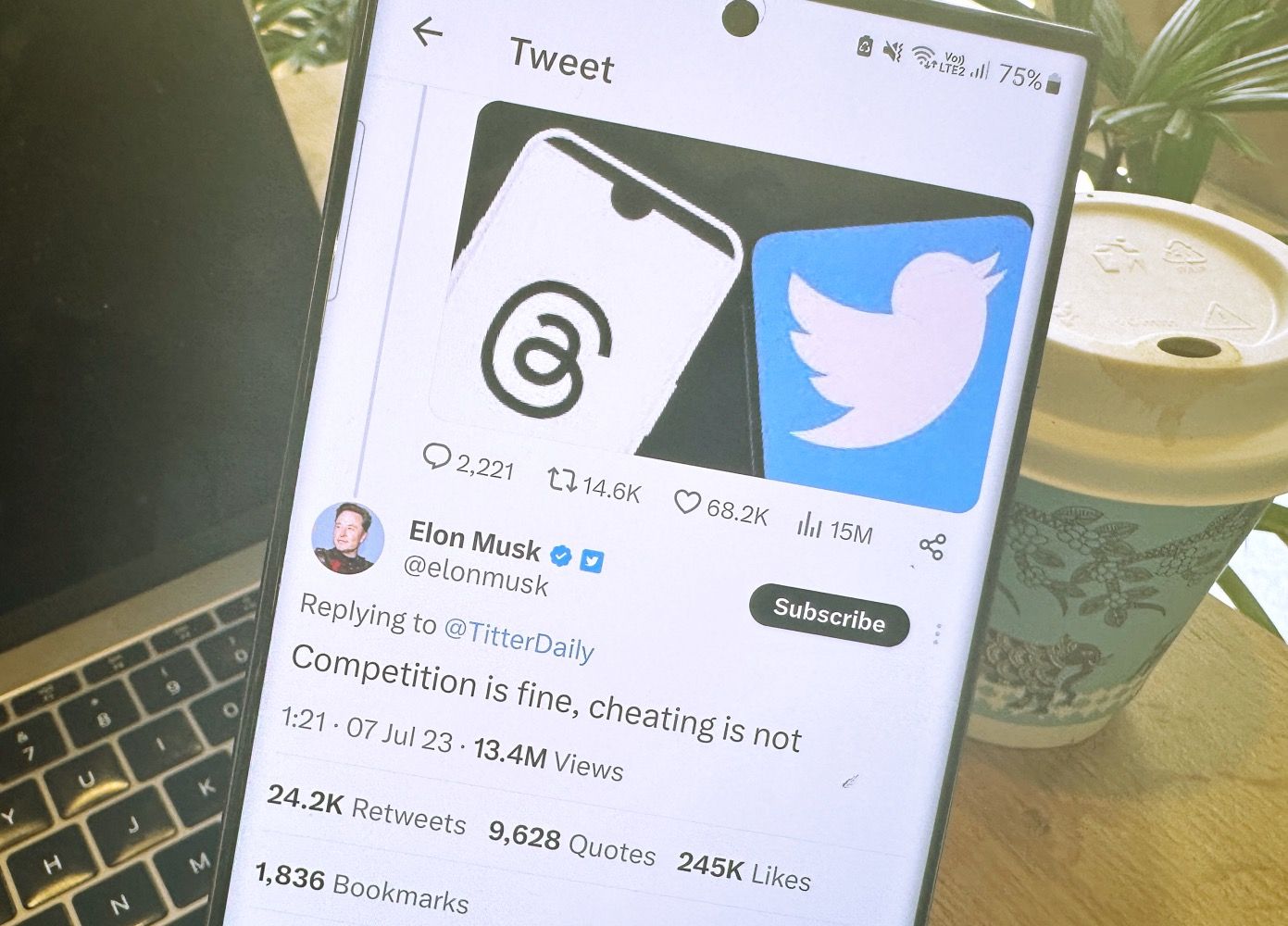 A tweet of Elon Musk on a phone