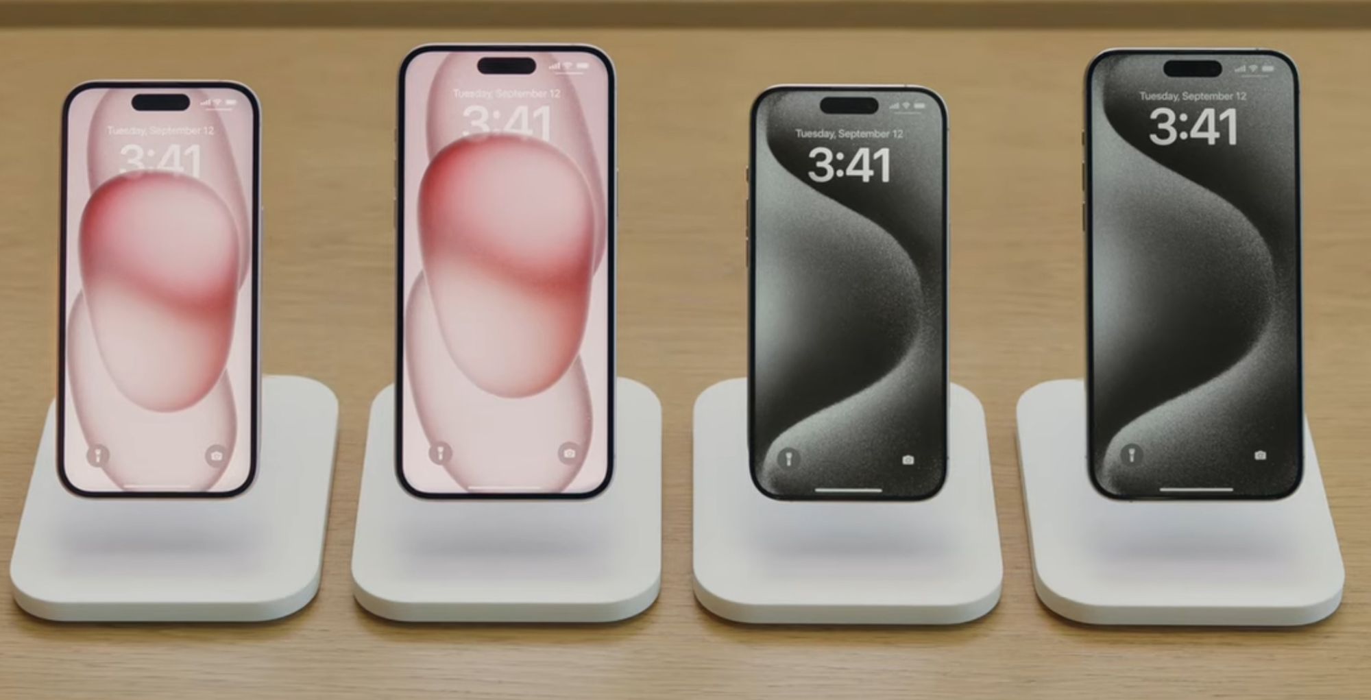 View of four iPhone 15 series models.