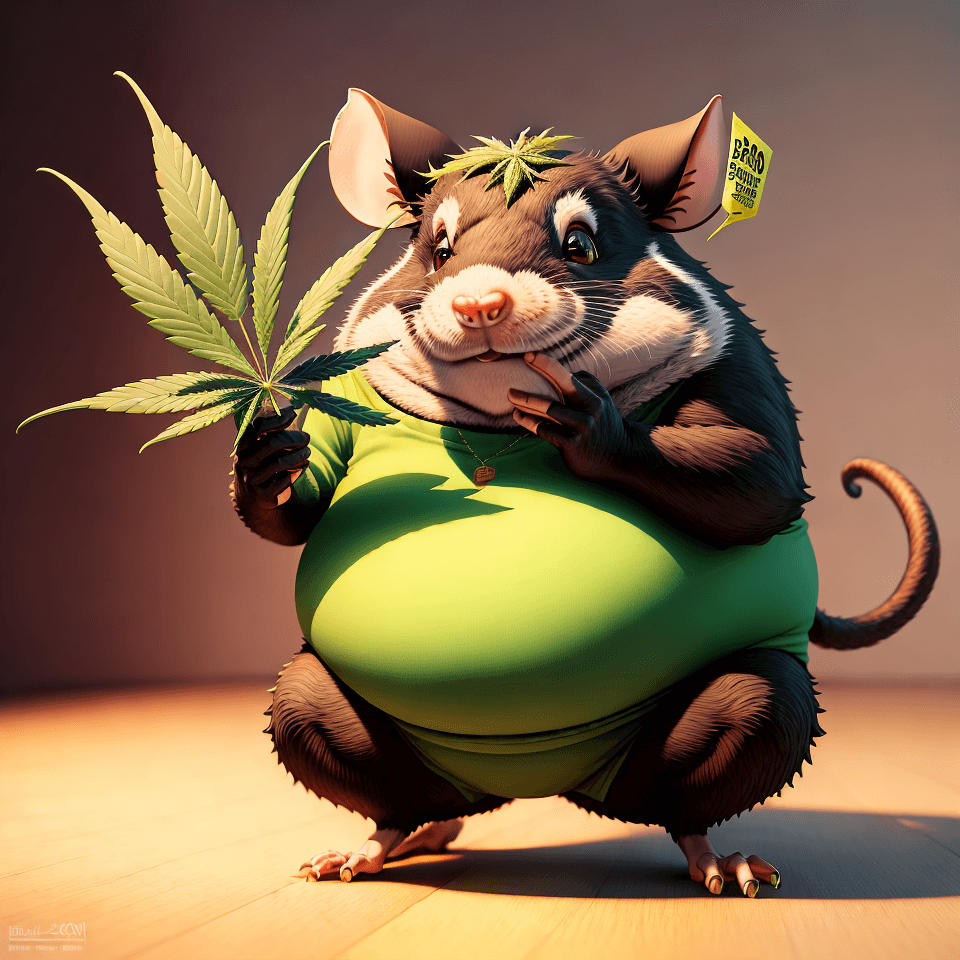 A rat holding marijuana leaves. 