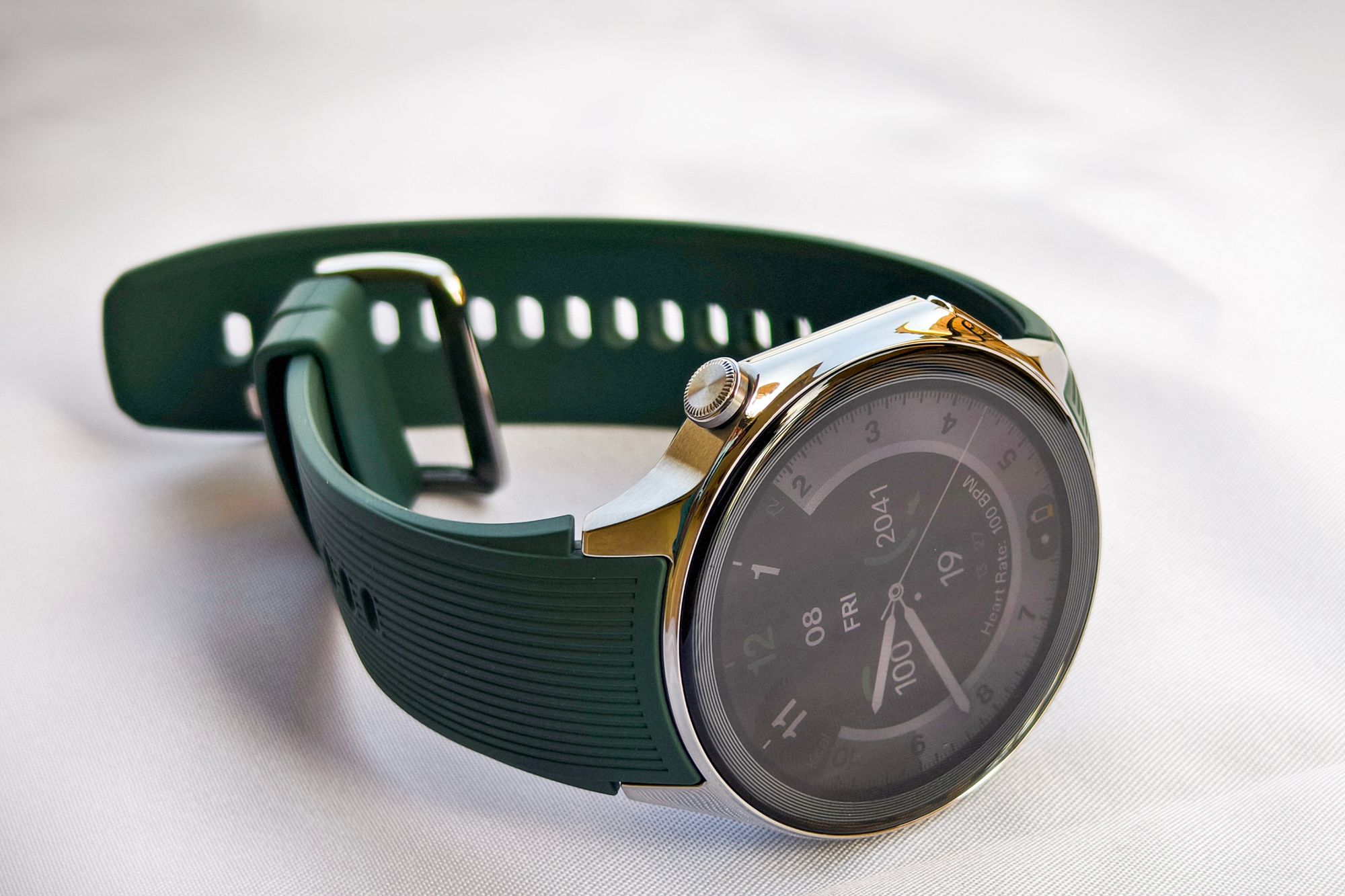 OnePlus Watch 2 wear os smartwatch with a green strap