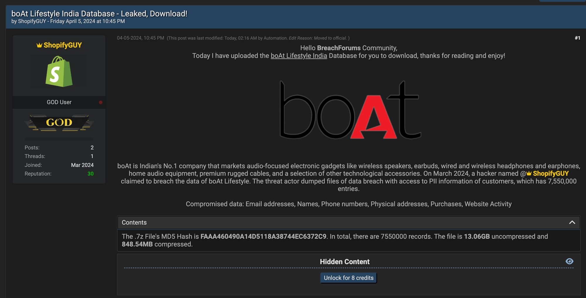 The post about Boat data breach on a hacker forum. (