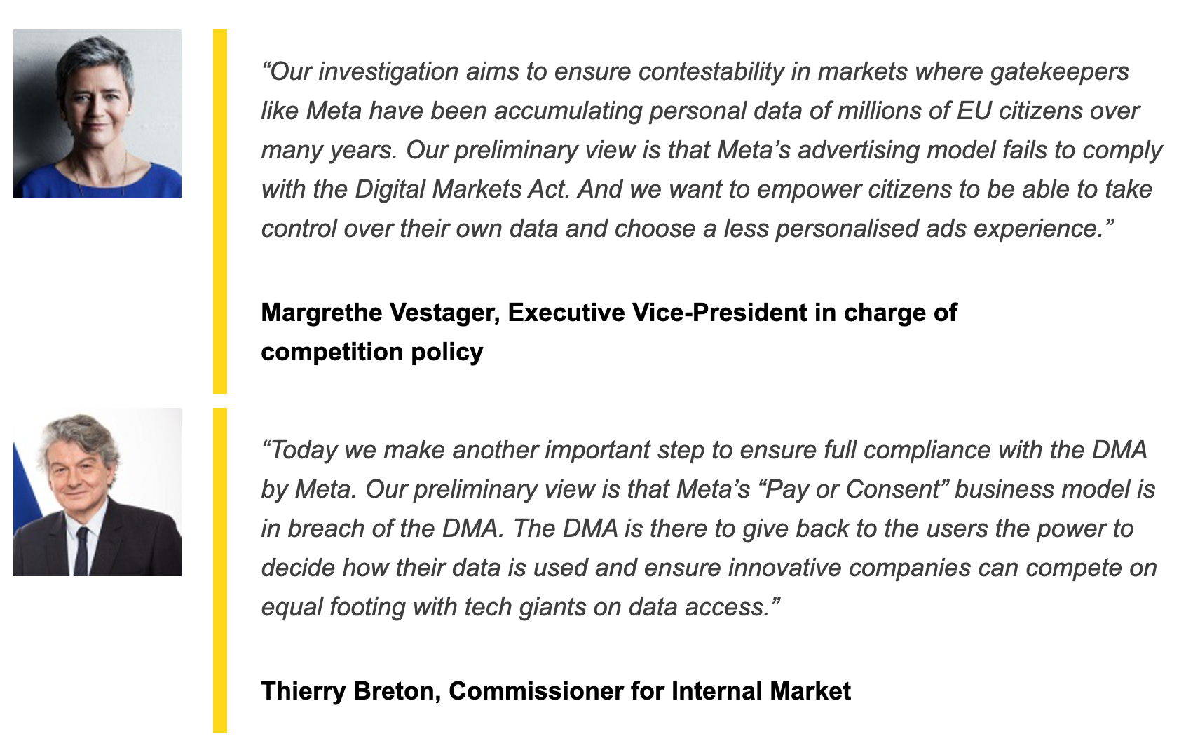 Comments from EU officials regarding Meta investiagation.