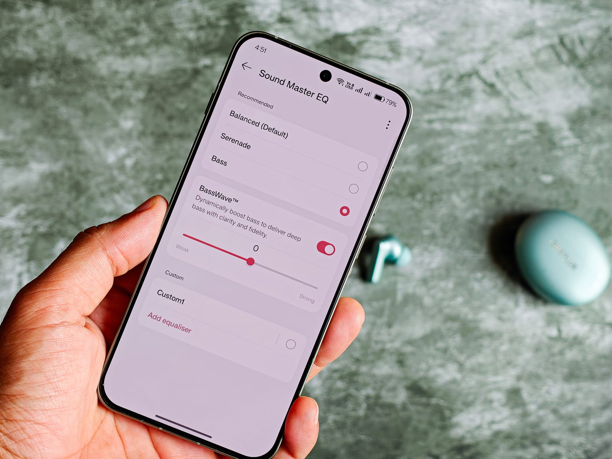Master EQ settings on the OnePlus Buds 4 earbuds.