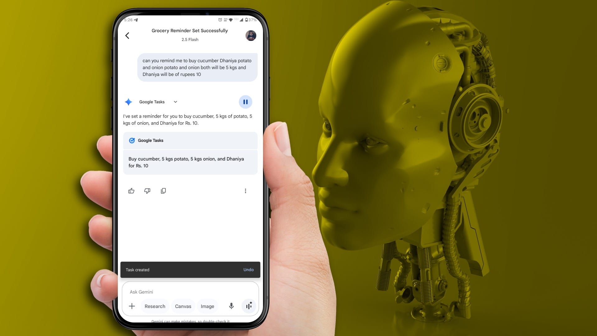 Creating a task via hands-free voice input in Gemini AI
