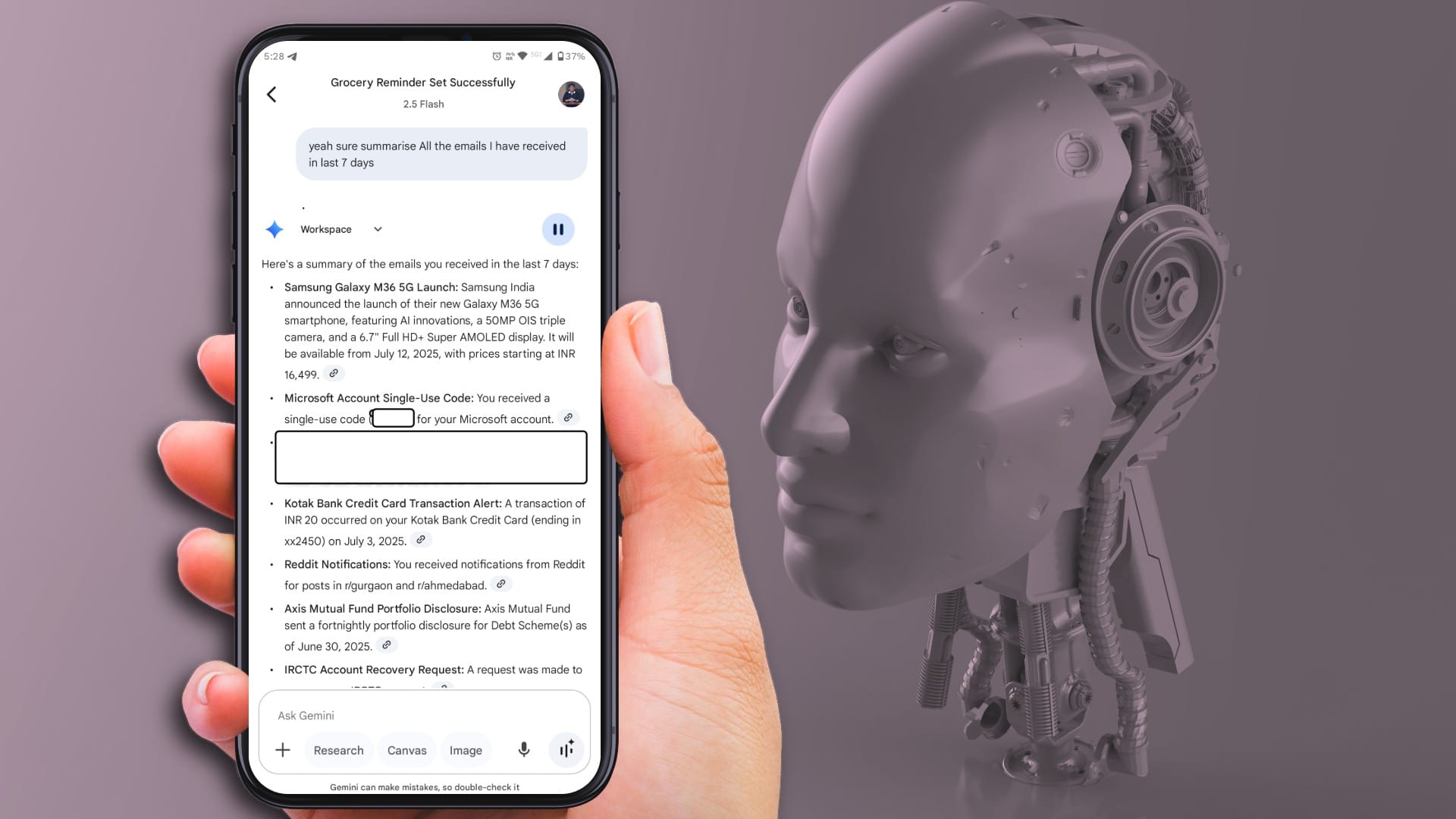 Gemini AI presenting a bullet pointer summary of the emails from last seven days.