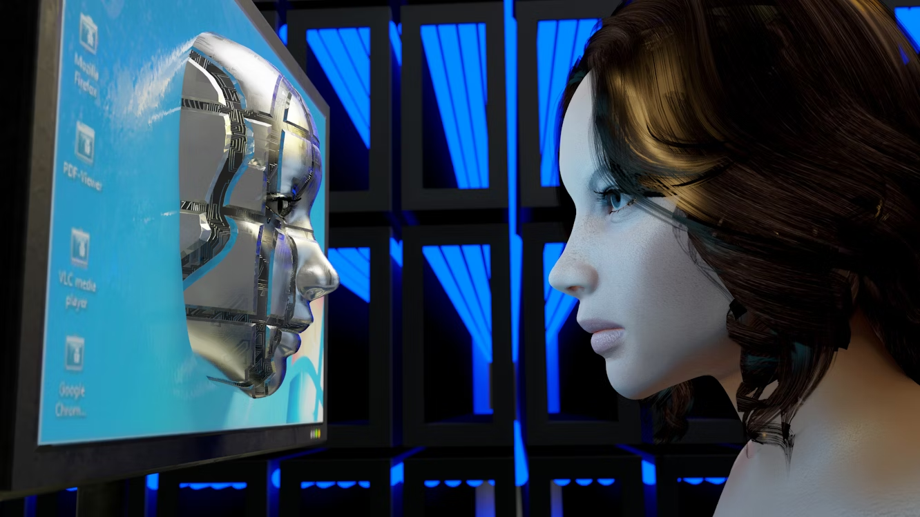 A woman staring at a robot through screen