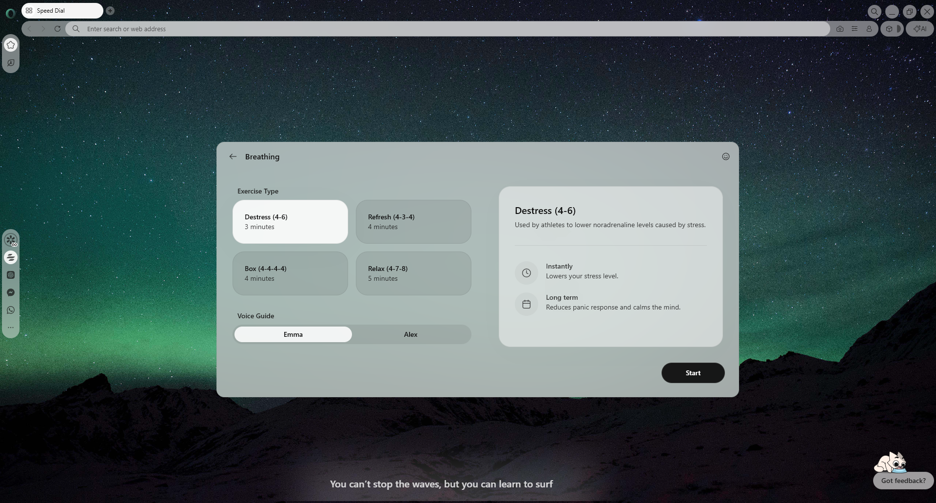 Breathing exercises in Opera Air Browser in Take a Break feature.