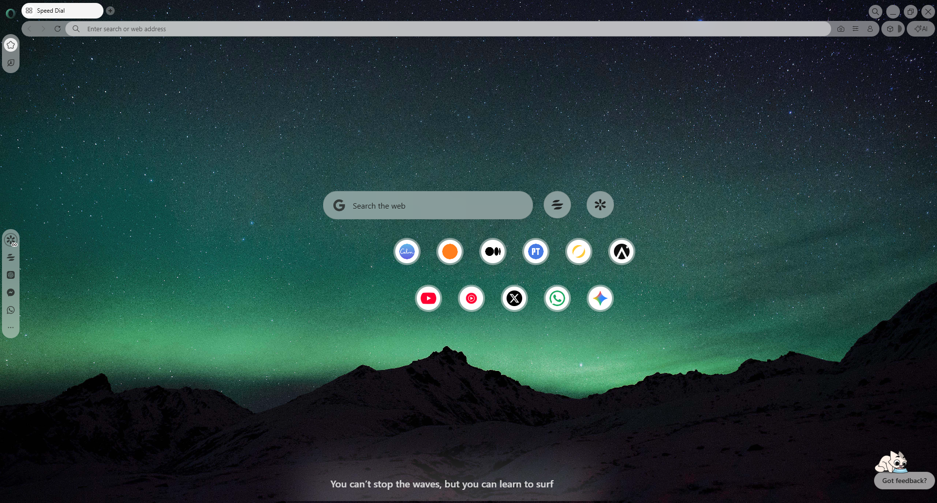 Opera Air Browser desktop with 10 pinned tabs.