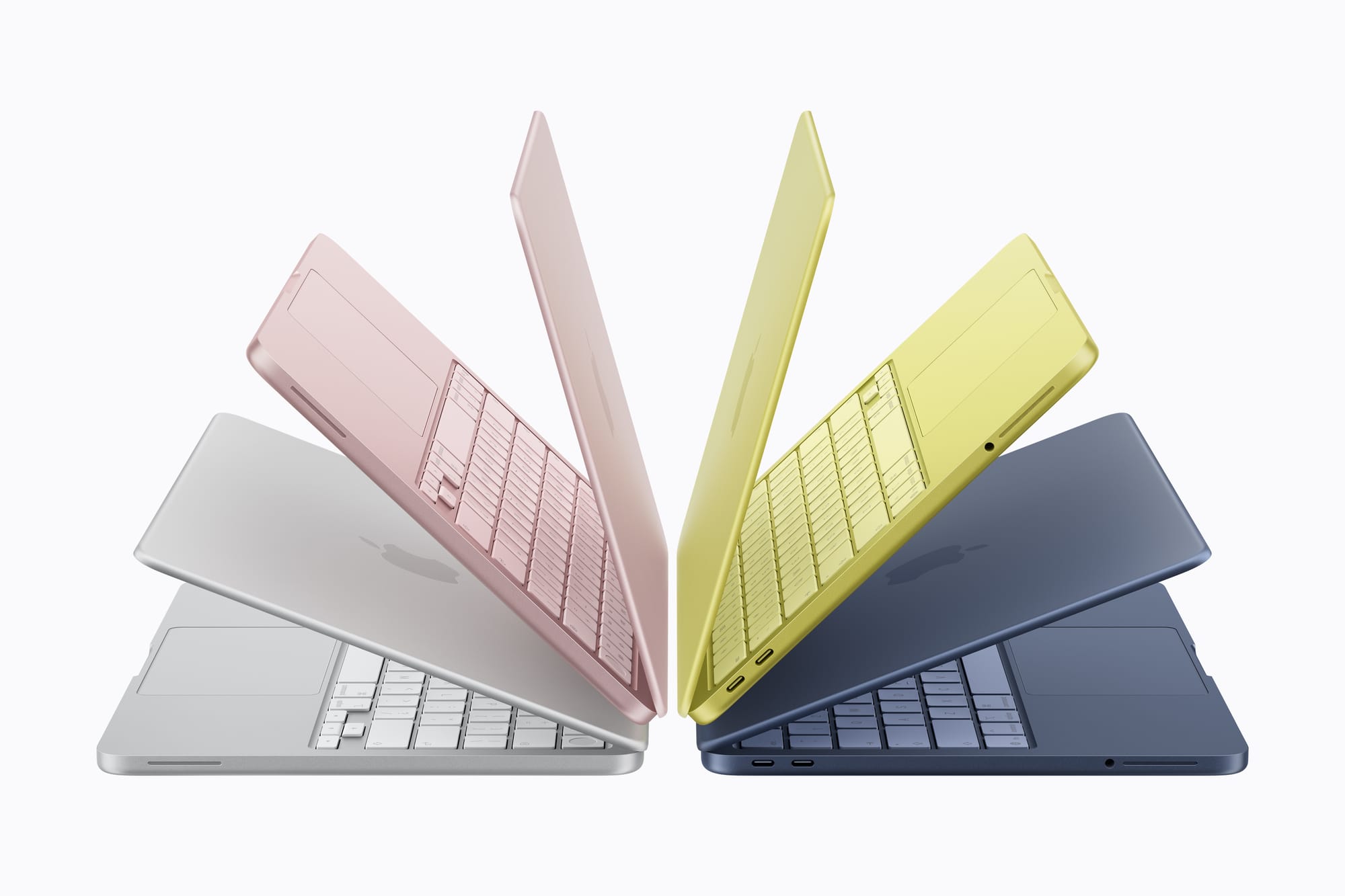 MacBook Neo in silver, blush, citrus, and indigo colours. Credit: Apple.
