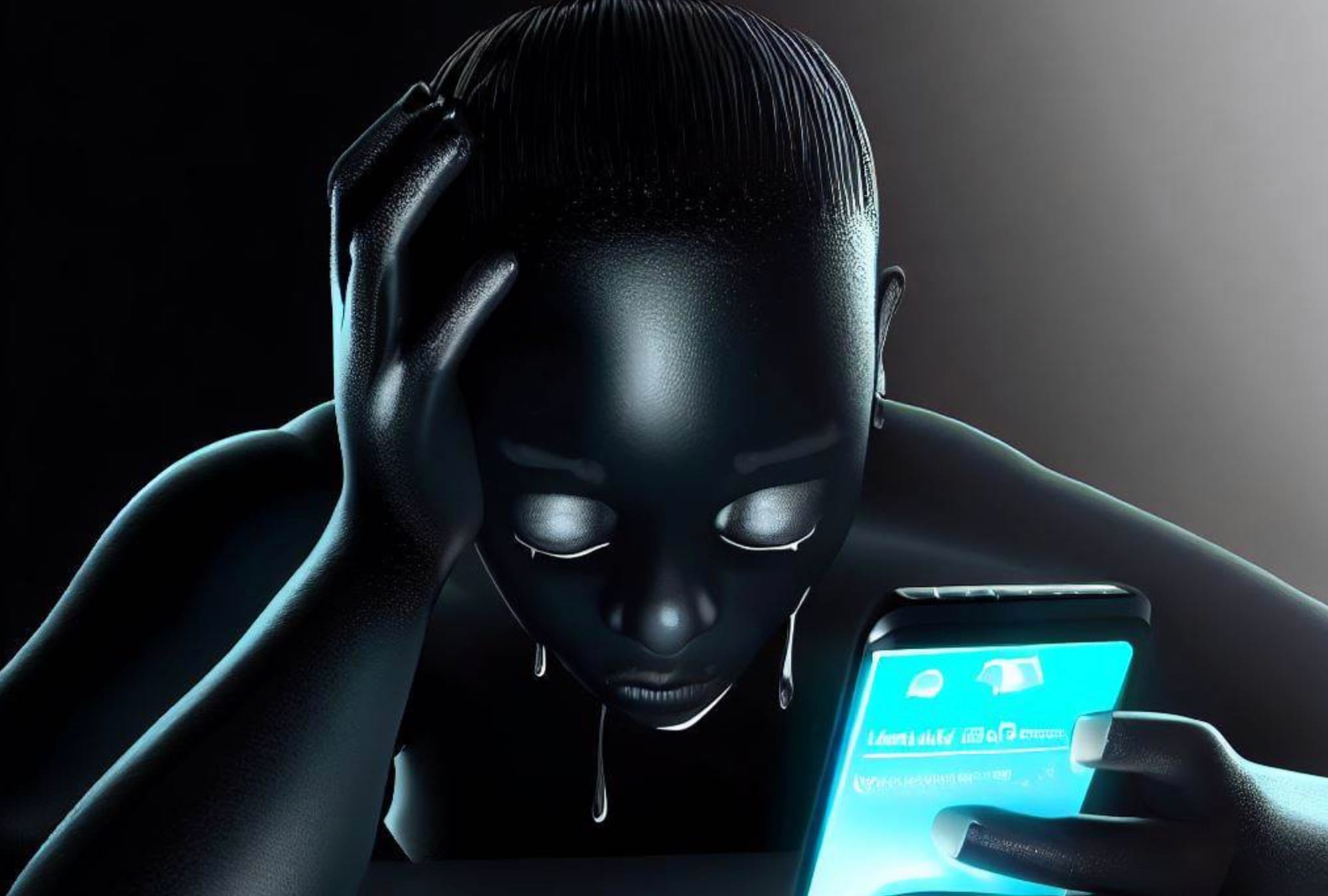 A stressed person staring at a phone 