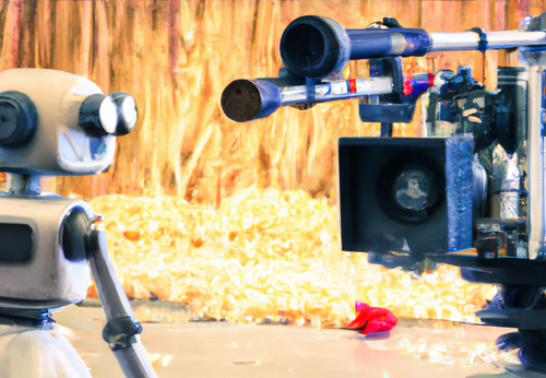 A robot shooting a film with a camera.