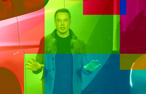 An Elon Musk illustration in solid color blocks.