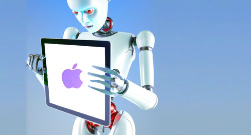 A robot holding a giant iPad.