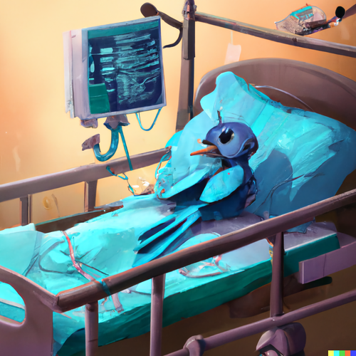 An AI generated image of ailing Twitter bird in a hospital bed waiting for its fate