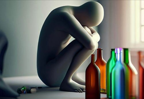 A sad person surrounded by colorful glass bottles 