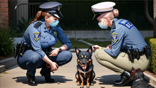 Two police offices trying to interrogate a dog