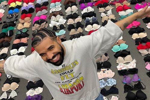 Drake posing with bras.