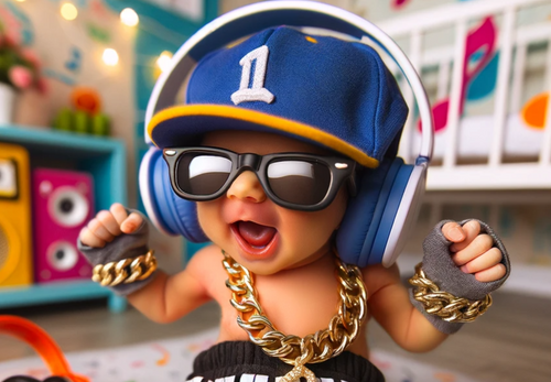 A baby in the attire of a rapper.