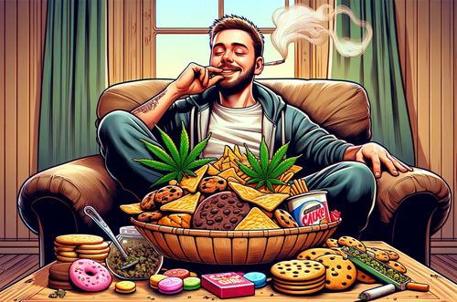 A man smoking weed and munching on snacks.