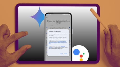 On screen pop-up with option to switch to the new Gemini AI from Google Assistant.