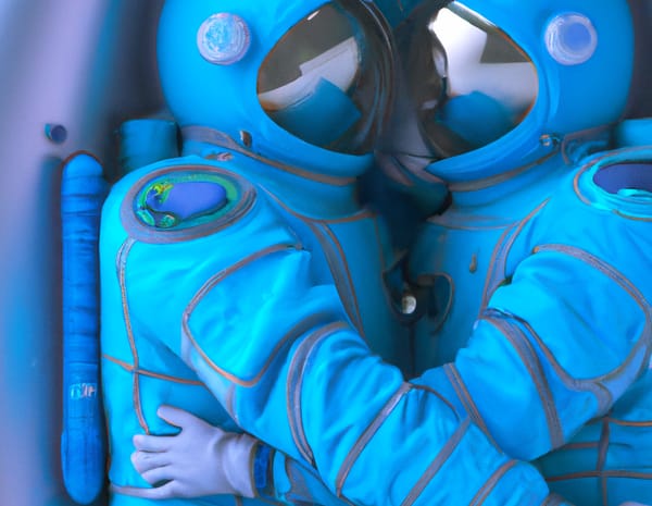 Two astronauts embracing in space