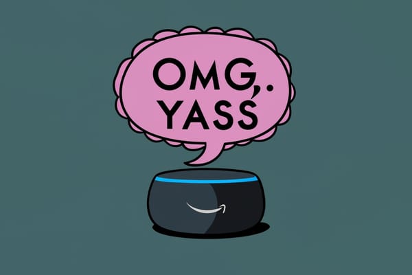 Amazon Echo dot smart speaker with a thought bubble saying "omg, yass" to suggest smarter generative AI chat capabilities.