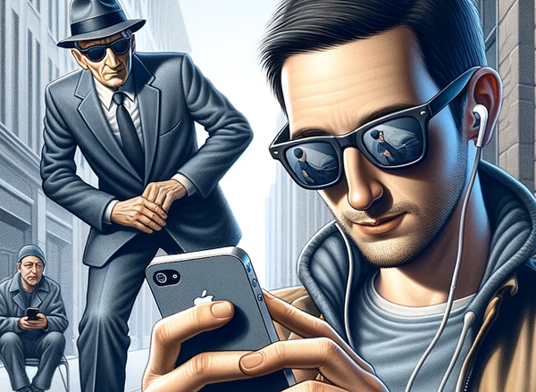 A person using a phone while government agents spy on him.