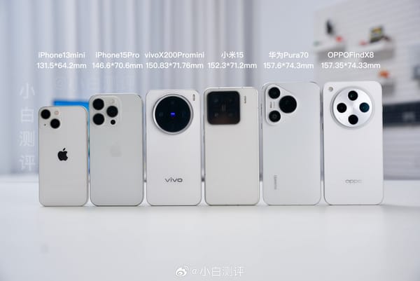 from left iPhone 13 mini, iPhone 15 Pro, Xixo X200 Pro mini, Xiaomi 15, Huwawei Pura 70, Oppo Find X8 all in perl white colou